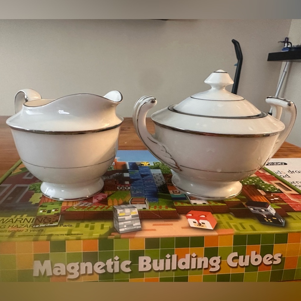 Elegant White and Silver Ceramic Sugar and Creamer Set